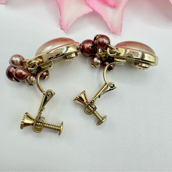 Vintage Champagne Brown Faux Pearl Cabochon Cha Cha Clip On Earrings Classy Chic - Picture 4 of 8